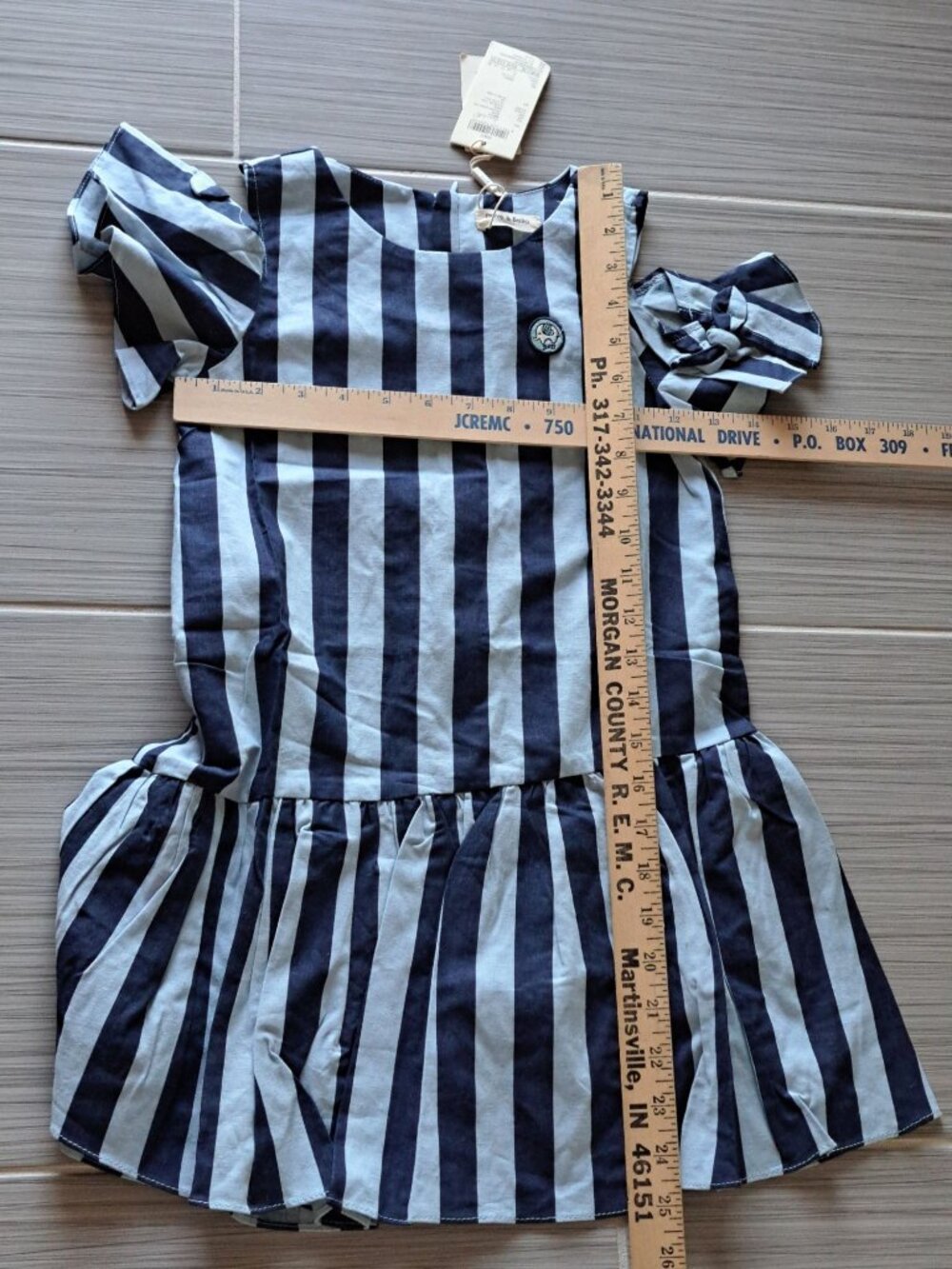 New Dave & Bella Kids Flax Cotton Striped Ruffle Sleeve Dress Blue Girls Size 6 - Picture 6 of 8